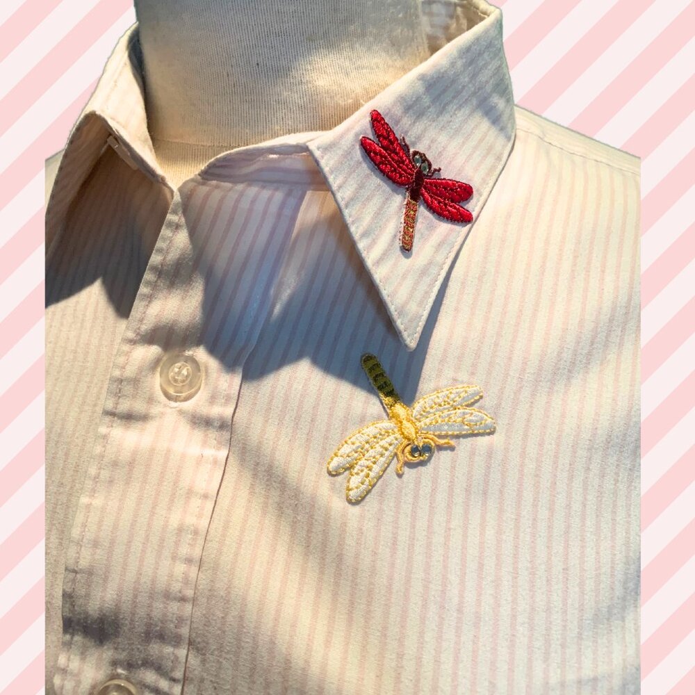 MILI Design _ Vintage Embroidered Dragonfly White w/ light pink stripes_Size: L - Picture 3 of 5